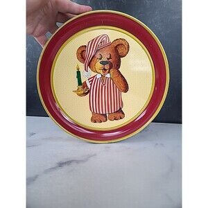 Parco Foods Cookie Tin Sleeping Teddy Bear 1987 Round Metal Tin, EMPTY